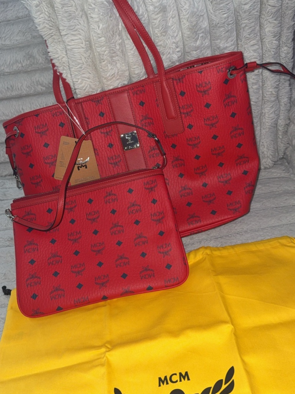 MCM Red Logo Tote with Matching Wristlet